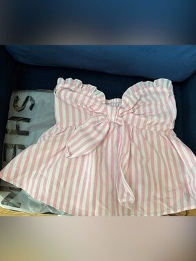 SHEIN Pink and White Striped Strapless Tie-Front Peplum Top